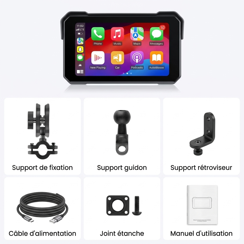 ecran-carplay-moto-jansite-contenu-boite-support-guidon-retroviseur-cable